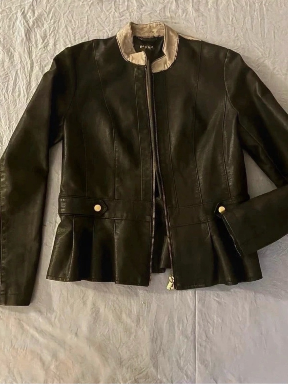 Black Pleather Peplum Jacket with Gold Accents